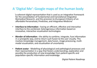 A	
  ‘Digital	
  Me’:	
  Google	
  maps	
  of	
  the	
  human	
  body	
  
	
  	
  	
  	
  	
  ‘a	
  coherent	
  digital	
  representa-on	
  that	
  is	
  used	
  as	
  an	
  integra-ve	
  framework	
  
for	
  the	
  consolida-on	
  of	
  fundamental	
  and	
  transla-onal	
  Integra-ve	
  
Biomedical	
  Research,	
  and	
  the	
  provision	
  to	
  (European)	
  Ci-zens	
  of	
  an	
  
aﬀordable	
  Personalised,	
  Predic-ve,	
  and	
  Integra-ve	
  Medicine’	
  
•  Interface	
  to	
  informaAon	
  -­‐	
  having	
  an	
  eﬃcient,	
  eﬀec-ve	
  and	
  interac-ve	
  
interface	
  to	
  the	
  combined,	
  heterogeneous	
  informa-on	
  based	
  on	
  
innova-ve,	
  interac-ve	
  visualisa-on	
  technologies	
  	
  
•  Blender	
  of	
  informaAon	
  -­‐	
  the	
  ability	
  to	
  combine,	
  integrate,	
  fuse	
  informa-on	
  
in	
  a	
  synergis-c	
  way,	
  and	
  to	
  return	
  such	
  fusion	
  to	
  the	
  user	
  visually.	
  This	
  
involves	
  knowledge	
  management,	
  data	
  fusion,	
  image	
  processing,	
  mul--­‐
modal	
  visualisa-on,	
  and	
  visualisa-on	
  of	
  uncertainty	
  	
  
•  PaAent	
  avatar	
  -­‐	
  Modelling	
  of	
  physiological	
  and	
  pathological	
  processes	
  and	
  
their	
  representa-on	
  in	
  a	
  way	
  that	
  fosters	
  understanding,	
  explora-on	
  and	
  
possibly	
  the	
  produc-on	
  of	
  new	
  knowledge	
  from	
  pa-ent-­‐speciﬁc	
  and	
  
popula-on-­‐speciﬁc	
  informa-on	
  and	
  knowledge	
  
	
   	
   	
   	
   	
   	
   	
  Digital	
  Pa)ent	
  Roadmap	
  	
  
 
