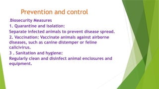 Prevention and control
## Biosecurity Measures
1. Quarantine and isolation:
Separate infected animals to prevent disease spread.
2. Vaccination: Vaccinate animals against airborne
diseases, such as canine distemper or feline
calicivirus.
3 . Sanitation and hygiene:
Regularly clean and disinfect animal enclosures and
equipment.
 