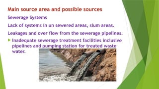 Main source area and possible sources
Sewerage Systems
Lack of systems in un sewered areas, slum areas.
Leakages and over flow from the sewerage pipelines.
 Inadequate sewerage treatment facilities inclusive
pipelines and pumping station for treated waste
water.
 