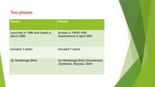 Phase1 Phase2
Launched in 1986 and closed in
March 2000
Strated in 19930-1996
Implemented in April 2001
Included 3 states Included 7 states
Up Westbengal,Bihar Up,Westbengal,Bihar,Uttarakhand,
Jharkhand, Haryana, Delhi
Two phases
 