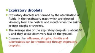 Expiratory droplets
 Expiratory droplets are formed by the atomization of
fluids in the respiratory tract which are ejected
violently from the nostrils and mouth when the animal
or man coughs or sneezes.
 The average size of the expiratory droplets is about 10
µ and they settle down very fast on the ground.
 Diseases like influenza, atrophic rhinitis and
tuberculosis can be transmitted through expiratory
droplets.
 