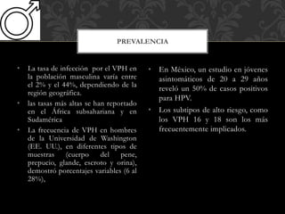 • La tasa de infección por el VPH en
la población masculina varía entre
el 2% y el 44%, dependiendo de la
región geográfica.
• las tasas más altas se han reportado
en el África subsahariana y en
Sudamérica
• La frecuencia de VPH en hombres
de la Universidad de Washington
(EE. UU.), en diferentes tipos de
muestras (cuerpo del pene,
prepucio, glande, escroto y orina),
demostró porcentajes variables (6 al
28%),
PREVALENCIA
• En México, un estudio en jóvenes
asintomáticos de 20 a 29 años
reveló un 50% de casos positivos
para HPV.
• Los subtipos de alto riesgo, como
los VPH 16 y 18 son los más
frecuentemente implicados.
 