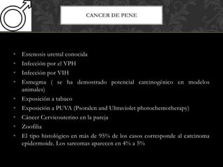 • Estenosis uretral conocida
• Infección por el VPH
• Infección por VIH
• Esmegma ( se ha demostrado potencial carcinogénico en modelos
animales)
• Exposición a tabaco
• Exposición a PUVA (Psoralen and Ultraviolet photochemotherapy)
• Cáncer Cervicouterino en la pareja
• Zoofilia
• El tipo histológico en más de 95% de los casos corresponde al carcinoma
epidermoide. Los sarcomas aparecen en 4% a 5%
CANCER DE PENE
 