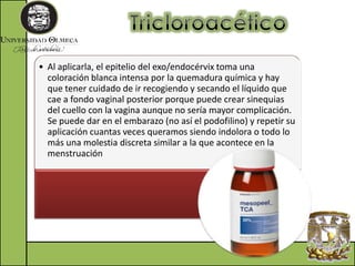 • Al aplicarla, el epitelio del exo/endocérvix toma una
coloración blanca intensa por la quemadura química y hay
que tener cuidado de ir recogiendo y secando el líquido que
cae a fondo vaginal posterior porque puede crear sinequias
del cuello con la vagina aunque no sería mayor complicación.
Se puede dar en el embarazo (no así el podofilino) y repetir su
aplicación cuantas veces queramos siendo indolora o todo lo
más una molestia discreta similar a la que acontece en la
menstruación
 