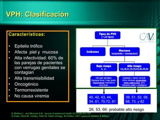 VPH: ClasificaciónVPH: Clasificación
2) Widdice L., and Moscicki A-B., Journal of adolescent health 43 (2008) S41-S51
3) Knipe, David M.; Howley, Peter M. Fields Virology, 5th Edition ,2007 Lippincott Williams & Wilkins
Características:Características:
• Epitelio trófico
• Afecta piel y mucosa
• Alta infectividad: 60% de
las parejas de pacientes
con verrugas genitales se
contagian
• Alta transmisibilidad
• Oncogénico
• Termorresistente
• No causa viremia
26, 53, 66: probable alto riesgo
40, 42, 43, 44,
54, 61, 70,72, 81
39, 51, 52, 58,
68, 73, y 82
 