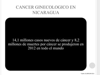 CANCER GINECOLOGICO EN
NICARAGUA
14,1 millones casos nuevos de cáncer y 8,2
millones de muertes por cáncer se produjeron en
2012 en todo el mundo
Fuente: GLOBOCAN 2012.
 