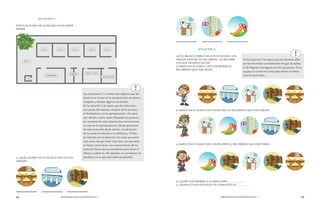 54 MENDOZA HACE MATEMÁTICA 1 MENDOZA HACE MATEMÁTICA 1 55 
SITUACIÓN 2: 
ESTE ES EL PLANO DE LA ESCUELA VISTO DESDE 
ARRIBA. 
a) ¿QUÉ LUGARES DE LA ESCUELA INDICAN LOS 
DIBUJOS? 
Las situaciones 2 y 3 tienen por objetivo que los 
alumnos se inicien en la interpretación de planos, 
imaginen y dibujen algunos recorridos. 
En la situación 2 se espera que los niños lean, 
con ayuda del maestro, el plano de la escuela y 
se familiaricen con la representación. Por ejem-plo: 
dónde y cómo están dibujadas las puertas y 
las ventanas de cada espacio (que convenciones 
se usan en la representación), desde qué punto 
de vista (mirando desde arriba). La ubicación 
de las aulas en relación a la biblioteca. O bien, 
en relación con la dirección, las aulas que están 
más cerca, las que están más lejos, las que están 
en frente, entre otras. Las características de los 
espacios físicos que se consideran para hacer el 
dibujo y cuáles no. Por ejemplo: se consideran las 
paredes y no lo que está sobre las paredes. 
En la situación 3 se espera que los alumnos dibu-jen 
los recorridos considerando el lugar de salida, 
el de llegada y los lugares por los que pasan. En la 
puesta en común los niños describirán en forma 
oral los recorridos. 
SITUACIÓN 3: 
LUCÍA, BRUNO Y PABLO VAN A ESTA ESCUELA, LOS 
DIBUJOS INDICAN, EN ESE ORDEN, LOS RECORRI-DOS 
QUE HICIERON UN DÍA. 
a) MARCA EN EL PLANO, CON COLOR ROJO EL 
RECORRIDO QUE HIZO BELÉN. 
b) MARCA EN EL PLANO CON COLOR AZUL EL RECORRIDO QUE HIZO BRUNO. 
c) MARCA EN EL PLANO CON COLOR VERDE EL RECORRIDO QUE HIZO PABLO. 
d) ¿QUIÉN FUE PRIMERO A LA DIRECCIÓN?........................ 
e) ¿QUIÉN ESTUVO DOS VECES EN LA BIBLIOTECA?................. 
 