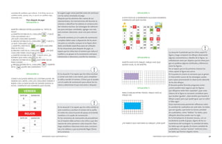60 MENDOZA HACE MATEMÁTICA 1 MENDOZA HACE MATEMÁTICA 1 61 
Se sugiere jugar varias partidas antes de continuar 
con las tareas simuladas al juego. 
Después que los alumnos dan cuenta de sus 
razonamientos, las intervenciones del docente se 
orientan a identificar los saberes en construcción: 
leer números escritos, las estrategias de sobrecon-teo 
para anticipar cantidades, agregar uno más 
para avanzar; descontar, sacar uno para retroce-der. 
La banda numérica y/o el cuadro de numeración 
completo deben estar a disposición de los alum-nos 
para su consulta, aunque no se hayan abor-dado 
actividades específicas para ser utilizado. 
En las situaciones para después de jugar, se 
espera que los niños lean el número que indica el 
casillero y se apoyen en la numeración oral para 
sobrecontar o descontar y escribir los números. 
cantidad de casilleros que indican. Si la ficha cae en un 
casillero verde, avanza uno, si cae en un casillero rojo, 
retrocede uno. 
Para después de jugar 
SITUACIÓN 3: 
MARTÍN Y BRUNO ESTÁN JUGANDO AL “PATO AL 
AGUA”. 
a) MARTÍN ESTABA EN EL CASILLERO Y SACÓ 
CON LOS DADOS UN 7. 
¿EN QUÉ CASILLERO QUEDÓ?............ 
b) BRUNO ESTABA EN EL CASILLERO Y SACÓ 2. 
¿A QUÉ CASILLERO LLEGA?.................. 
c) MARTÍN CAYÓ EN EL ¿EN QUÉ CASILLERO 
DEJA SU FICHA? …… 
d) BRUNO CAYÓ EN EL CASILLERO ¿EN QUÉ 
CASILLERO DEBE COLOCAR SU FICHA? …………. 
e) MARTÍN ESTABA EN EL Y SACÓ UN 8, ¿ES 
POSIBLE QUE HAYA LLEGADO AL 29?........... 
f) BRUNO ESTABA EN EL ¿QUÉ DEBE SACAR 
PARA GANAR?........... 
g) BRUNO ESTABA EN EL CASILLERO Y MARTÍN 
EN EL ¿QUIÉN IBA GANANDO?........... 
SITUACIÓN 4: 
COMO A ALGUNOS NIÑOS LES COSTABA JUGAR, AR-MARON 
UN CARTEL CON LOS CASILLEROS VERDES Y 
ROJOS CON LA INDICACIÓN DE DONDE QUEDA LA 
FICHA. COMPLETÁ LOS NÚMEROS QUE FALTAN. 
En la situación 4 se espera que los niños recurran 
a contar uno más o uno menos, para completar 
la tabla y escribir el número. O bien que se ayuden 
con el cuadro de numeración para ubicar los nú-meros 
y determinen el que está antes o después. 
En la situación 5 se espera que los niños reciten la 
serie numérica y escriban el número de la casilla. 
En todos los casos el punto de apoyo es la banda 
numérica o el cuadro de numeración. 
En los momentos de intercambio de procedimien-tos 
el maestro debe animar a los niños a que den 
razones de cómo pensaron cada situación. Para 
luego establecer relaciones entre estas conclusio-nes 
y los saberes a que se pretende llegar (focos 
de la semana). 
La situación 6 pretende que los niños copien la 
figura y luego comparen los dibujos observando 
algunas características y detalles de la figura. La 
verbalización tiene por objetivo que los niños pon-gan 
en palabras algunas similitudes y diferencias 
entre las figuras. 
No se espera que en los primeros intentos los 
niños copien la figura tal cual es. 
En la puesta en común es necesario que se genere 
el intercambio acerca de las estrategias usadas 
para copiar promoviendo la observación detenida 
de los dos dibujos. 
El docente podría formular preguntas como: 
¿cómo pueden estar seguros que las figuras 
que dibujaron están bien copiadas? ¿que cosas 
(datos) de la figura es necesario considerar para 
que resulten iguales?. ¿Qué tendría que hacerle al 
dibujo (copia) para que quede igual, que no sobre 
ni falte algo? 
Estas intervenciones permitirán reflexionar sobre 
la cantidad de cuadraditos de cada lado, los lados 
que son iguales, que tienen la misma cantidad 
de cuadraditos, cómo “doblan” los lados, para 
dibujarlo derechito puedo usar la regla. 
En la formalización el docente rescata, con un 
vocabulario acorde al grupo, alguna de las ca-racterísticas 
del rectángulo: la cantidad de lados, 
los lados que son iguales (la misma cantidad de 
cuadraditos), cuantas “puntas” (vértices) tiene, 
los lados que forman ángulos rectos. 
SITUACIÓN 5: 
A ESTA PISTA SE LE BORRARON ALGUNOS NÚMEROS. 
COMPLETA LOS QUE FALTAN. 
SITUACIÓN 6: 
MARTÍN HIZO ESTE DIBUJO. DIBUJA UNO QUE 
QUEDE IGUAL AL DE MARTÍN. 
SITUACIÓN 7: 
PARA CHARLAR ENTRE TODOS: PABLO HIZO SU 
DIBUJO ASÍ: 
¿TE PARECE QUE HIZO BIEN SU DIBUJO? ¿POR QUÉ? 
 