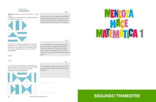 74 MENDOZA HACE MATEMÁTICA 1 MENDOZA HACE MATEMÁTICA 1 75 
SITUACIÓN 5: 
Armando guardas 
Materiales: 20 fichas para guardas (ver Anexo 2 - O) por 
alumno. 
a) COMPLETA LAS SIGUIENTES GUARDAS PEGANDO 
4 FICHAS EN CADA UNA: 
b) INVENTA UNA NUEVA GUARDA CON 4 FICHAS Y 
CUÉNTALE A UN COMPAÑERO CÓMO LA HICISTE 
PARA QUE ÉL, SIN MIRAR LA TUYA, PUEDA HACER 
UNA IGUAL. DESPUÉS PEGA LA TUYA Y LA DE TU 
COMPAÑERO 
LA MÍA... 
LA DE ... 
c) CON LAS FICHAS QUE TIENES, ¿SE PODRÁN AR-MAR 
GUARDAS COMO ESTAS? CONTESTA SÍ O NO 
ANTES DE HACERLAS. DESPUÉS TRATA DE 
ARMARLAS PARA COMPROBARLO. 
En esta situación los niños deben componer figu-ras 
para armar una guarda. Se espera que consi-deren 
el cambio de posición de las fichas toman-do 
como referencia la orientación de las figuras. 
En la actividad b) los niños deben considerar la 
figura de la ficha y usar alguna referencia para 
comunicar su posición en la guarda, por ejem-plo: 
una ficha con el triángulo que “mira “hacia 
arriba y otra que “mira” hacia la derecha, luego se 
repite. 
En la actividad c) se espera que los niños se ima-ginen 
la guarda y anticipen cómo pueden ubicar 
las fichas. 
SEGUNDO TRIMESTRE 
....................................... 
....................................... 
 