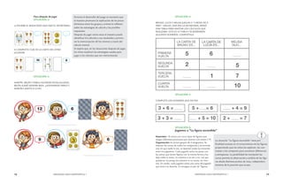 78 MENDOZA HACE MATEMÁTICA 1 MENDOZA HACE MATEMÁTICA 1 79 
Para después de jugar 
SITUACIÓN 2: 
a) ESCRIBE EL RESULTADO QUE DIJO EL SECRETARIO: 
b) COMPLETA CUÁL ES LA CARTA DEL OTRO 
JUGADOR. 
SITUACIÓN 3: 
MARTÍN, BELÉN Y PABLO HICIERON ESTAS JUGADAS. 
BELÉN SUMÓ SIEMPRE BIEN. ¿ADIVINARON PABLO Y 
MARTÍN? ANOTA SI O NO 
SITUACIÓN 4: 
BRUNO, LUCÍA Y MELISA JUEGAN A “CARTAS DE A 
TRES”. MELISA, QUE ERA LA SECRETARIA, ARMÓ 
UNA TABLA PARA ANOTAR LOS CÁLCULOS QUE 
REALIZABA. ESTA ES LA TABLA Y SE BORRARON 
ALGUNOS NÚMEROS. COMPLÉTALA. 
SITUACIÓN 5: 
COMPLETA LOS NÚMEROS QUE FALTAN 
SITUACIÓN 6: 
Jugamos a “La figura escondida” 
Materiales: 10 cartas con cinco tipos de figuras que 
tengan diferentes posiciones por alumno (ver anexo 2-P) 
Organización: Se arman grupos de 4 integrantes. Se 
mezclan las cartas de todos los integrantes y se esconde 
una sin que nadie la vea, se reparten todas las restantes 
entre los jugadores. Cada jugador arma los pares con 
las cartas que tienen figuras con la misma forma y los 
deja sobre la mesa, no importa si se ven o no. Las que 
quedaron sin pareja las sostiene en su mano, sin mos-trar. 
En ronda, cada jugador toma una carta del jugador 
que tiene a la derecha. Si consigue un par de “figuras 
La situación “La figura escondida” tiene por 
finalidad avanzar en el conocimiento de las figuras 
proponiendo que los niños las exploren, las con-trasten 
y las comparen para encontrar diferencias 
y semejanzas. La posibilidad de manipular las 
cartas permite la observación y análisis de las figu-ras 
desde distintos puntos de vista, independien-temente 
de la posición que ocupa. 
Durante el desarrollo del juego es necesario que 
el maestro promueva la explicación de los proce-dimientos 
entre los grupos y oriente la reflexión 
sobre las estrategias de cálculo y las posibles 
respuestas. 
Después de jugar varias veces el maestro puede 
identificar los cálculos y sus resultados y promo-ver 
la memorización de los mismos a través del 
cálculo mental. 
Se espera que, en las situaciones después de jugar, 
los niños reutilicen las estrategias usadas para 
jugar o los cálculos que van memorizando. 
LA CARTA DE 
LUCÍA ES... 
 