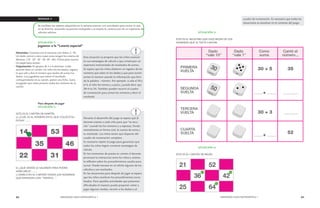 84 MENDOZA HACE MATEMÁTICA 1 MENDOZA HACE MATEMÁTICA 1 85 
SEMANA 3 
Se reutilizan los saberes adquiridos en la semana anterior con actividades para revisar lo que 
no se domina, evocando situaciones trabajadas y se amplía la construcción de un repertorio de 
cálculos aditivos. 
SITUACIÓN 1: 
Jugamos a la “Lotería especial” 
Materiales: Cartones con 6 números (ver Anexo 2 - R) . 
Un dado común y otro cuyas caras tengan los enteros de 
decenas. (10 - 20 - 30 - 40 -50 - 60). Fichas para marcar. 
Un papel para anotar. 
Organización: En grupos de 3 o 4 alumnos. Cada 
alumno tiene un cartón. Un niño tira los dados, registra 
lo que sale y dice el número que resulta de sumar los 
dados. Los jugadores que tienen el resultado 
correspondiente en su cartón, ponen una ficha. Gana 
el jugador que cubre primero todos los números de su 
cartón. 
Para después de jugar 
SITUACIÓN 2: 
ESTE ES EL CARTÓN DE MARTÍN 
a) ¿CUÁL ES EL NÚMERO EN EL QUE COLOCÓ SU 
FICHA? ……. 
b) ¿QUÉ DADOS LE SALIERON PARA PODER 
MARCARLO? ……. 
c) MARCA EN EL CARTÓN TODOS LOS NÚMEROS 
QUE EMPIEZAN CON “TREINTA…” 
Esta situación se propone que los niños avancen 
en sus estrategias de cálculo y que construyan un 
repertorio memorizado de resultados de sumas. 
Se espera que los niños elaboren un registro de los 
números que salen en los dados y que para sumar 
armen el número usando la información que brin-da 
la palabra - número. Por ejemplo: si sale el 30 y 
el 4, el niño lee treinta y cuatro; y puede decir que 
30+4 es 34. También pueden recurrir al cuadro 
de numeración para armar los números y decir el 
resultado. 
Durante el desarrollo del juego se espera que el 
docente oriente a cada niño para que “se escu-che” 
cuando lee los números y a expresar, funda-mentalmente 
en forma oral, la cuenta de suma y 
su resultado. Los niños tienen que disponer del 
cuadro de numeración completo. 
Es necesario repetir el juego para garantizar que 
todos los niños logren construir estrategias de 
cálculo. 
En los momentos de puesta en común el docente 
promueve la interacción entre los niños y orienta 
la reflexión sobre los procedimientos usados para 
sumar. Puede rescatar en un afiche algunos de los 
cálculos y sus resultados. 
En las situaciones para después de jugar se espera 
que los niños reutilicen los procedimientos socia-lizados. 
Para aquellas actividades que presentan 
dificultades el maestro puede proponer volver a 
jugar algunas rondas, recurrir a los dados o al 
cuadro de numeración. Es necesario que todas las 
situaciones se resuelvan en el contexto del juego. 
SITUACIÓN 3: 
ESTE ES EL REGISTRO QUE HIZO BELÉN DE LOS 
NÚMEROS QUE LE TOCÓ CANTAR: 
SITUACIÓN 4: 
ESTE ES EL CARTÓN DE BELÉN 
 