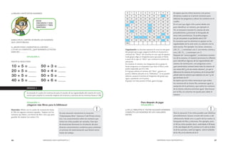 86 MENDOZA HACE MATEMÁTICA 1 MENDOZA HACE MATEMÁTICA 1 87 
a) BRUNO CANTÓ ESTOS NÚMEROS 
MARCA EN EL CARTÓN DE BELÉN LOS NÚMEROS 
QUE CANTÓ BRUNO. 
b) ¿BELÉN PUDO COMPLETAR SU CARTÓN? ……… 
c) SI NO LO COMPLETÓ, ¿QUÉ NÚMEROS LE FALTAN 
MARCAR?............... 
SITUACIÓN 5: 
ANOTA EL RESULTADO 
SEMANA 4 
Se extiende el cuadro de numeración para el estudio de las regularidades del sistema de nume-ración 
para ampliar lo conocido respecto de la lectura y escritura de los números hasta el 100. 
SITUACIÓN 1: 
¡Llegaron más libros para la biblioteca! 
Materiales: Afiche con el cuadro de numeración hasta 
el 100 con algunos números tapados. Tarjetas con los 
números que faltan, con forma de libro. Una caja para 
guardar las tarjetas (ver anexo 2-S). 
Organización: La docente separará el curso en tres gran-des 
grupos para jugar, pegará el afiche en el pizarrón y 
colocará los ”libros” de cartulina en una caja de zapatos. 
Cada grupo elige un integrante para que pase al frente 
a sacar de la caja un “libro” que contiene el número de 
ubicación. 
Sin mostrar el número, los integrantes de su grupo le 
harán preguntas al compañero que tiene el libro y solo 
podrá responder por SÍ o NO. 
Si el grupo adivina el número del “libro”, ganará un 
punto y deberá ubicarlo en la “biblioteca”. Si no pueden 
adivinar, pasará el número al integrante del grupo que 
sigue y quedarán con 0 punto. 
El grupo con más puntos al final, gana el juego. 
Para después de jugar 
SITUACIÓN 2: 
a) EN LA “BIBLIOTECA” FALTAN ALGUNOS NÚMEROS. 
COMPLETA LOS NÚMEROS DE LOS CASILLEROS 
VACÍOS. 
En esta situación retomamos la situación 
“Coleccionamos libros” (Semana 9 del Primer trimes-tre). 
Los conocimientos sobre los números que 
tienen los niños pueden ser variados. Este tipo 
de situaciones favorecen la circulación de esos 
diversos conocimientos numéricos para comenzar 
un proceso de sistematización que llevará varios 
meses de trabajo. 
Para la situación 2 los niños pueden usar distintos 
procedimientos: buscar a través del conteo o del 
sobreconteo desde uno o a partir de los nudos; la 
búsqueda de filas y columnas. Por ejemplo, para 
el 46 los niños pueden decir: conté desde el 40 hasta 
el 46; está después del 45 y termina en 6; está en la fami-lia 
de los cuarenta y conté seis lugares; está en la familia 
de los 40 y en la columna de los 6. 
Se espera que los niños recurran a los proce-dimientos 
usados en el primer trimestre para 
elaborar las preguntas y ubicar los números en el 
cuadro. 
En el caso que algún niño cuente desde uno 
para identificar un número, por ejemplo el 
54, es necesario rescatar lo costoso de este 
procedimiento y promover la búsqueda de 
otros más económicos. Se podría pregun-tar: 
¿te sirve pensar en qué familia está el 54? 
Es necesario que los alumnos se apoyen en las 
regularidades de la serie oral y su relación con la 
serie escrita. Por ejemplo: los veinte, veintiuno, 
(20, 21,...) comienzan con 2. Los treinta, treinta y 
uno, (30, 31,...) comienzan con 3. 
Después de “varias jugadas”, en distintos momen-tos 
de la semana, el maestro promueve la reflexión 
para identificar algunas de las regularidades del 
sistema de numeración, con preguntas como: 
¿qué características comunes tienen todos los números de 
una misma fila? ¿y de una misma columna?, ¿en qué se 
diferencian los números de ls primera y de la tercera fila? 
¿donde están los números que empiezan con uno ? ¿y los 
que terminan con 6? 
Se espera que los niños reconozcan que todos 
los números de la misma fila comienzan igual (a 
excepción de la primera) y que todos los números 
de la misma columna terminan igual. Que buscar 
por la fila y la columna me ayuda para saber el 
número. 
 