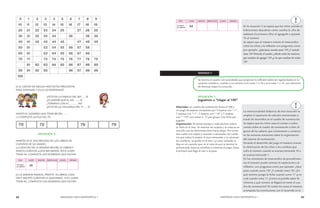 88 MENDOZA HACE MATEMÁTICA 1 MENDOZA HACE MATEMÁTICA 1 89 
SEMANA 5 
Se retoma el cuadro con actividades que propician la reflexión sobre las regularidades en la 
sucesión numérica, cuando a un número se le suma 1 o 10 y se le resta 1 o 10, con intención 
de dominar mejor lo conocido. 
SITUACIÓN 1: 
Juguemos a “Llegar al 100” 
Materiales: un cuadro de numeración hasta el 100 y 
un juego de tarjetas compuesto por 3 tarjetas con “-1”, 
7 tarjetas con “+1”, 3 tarjetas con “-10” y 7 tarjetas 
con “`+10” (ver anexo 2 - T) por grupo. Una ficha por 
jugador. 
Organización: Se arman parejas y cada alumno coloca 
su ficha en el cero. Se mezclan las tarjetas y se colocan en 
una pila con las denominaciones hacia abajo. Por turno, 
dan vuelta una tarjeta y avanzan o retroceden los casille-ros 
que indica la tarjeta. Si toca retroceder y no alcanzan 
los casilleros, se queda en el cero. La carta utilizada se 
deja en un costado que, en el caso de que se termine la 
primera pila, éstas se revuelven y continúa el juego. Gana 
el primero que llega al cien o se pasa. 
b) EL GRUPO DE MELISA HIZO ESTAS PREGUNTAS 
PARA ADIVINAR, Y ELLA LES RESPONDIÓ. 
¿ESTÁ EN LA FAMILIA DEL 80?......SÍ 
¿ES MAYOR QUE EL 84?........SÍ 
¿TERMINA CON 6?.............NO 
¿ESTÁ EN LA COLUMNA DEL 7?......SÍ 
ANOTA EL NÚMERO QUE TENÍA BELÉN……… 
c) COMPLETA LA FILA DEL 70: 
SITUACIÓN 3: 
MARTÍN ES EL ENCARGADO DE LOS LIBROS DE 
CUENTOS DE SU GRADO. 
a) CADA DÍA DE LA SEMANA RECIBE 10 LIBROS Y 
ANOTA CUÁNTOS LLEVA RECIBIDOS. ESTE LUNES 
TENÍA 36. COMPLETA LOS NÚMEROS QUE FALTAN. 
b) LA SEMANA PASADA, PRESTÓ 10 LIBROS CADA 
DÍA Y ANOTÓ CUÁNTOS LE QUEDABAN. SI EL LUNES 
TENÍA 82, COMPLETA LOS NÚMEROS QUE FALTAN: 
En la situación 3 se espera que los niños usando el 
sobreconteo descubran cómo cambia la cifra de 
adelante (la primera cifra) al agregarle o quitarle 
10 al número. 
Se espera que el maestro oriente el intercambio 
entre los niños y la reflexión con preguntas como 
por ejemplo: ¿Qué pasa cuando sumo 10? ¿Y cuándo 
resto 10? Mirando el cuadro, ¿dónde están los números 
que resultan de agregar 10? ¿y los que resultan de restar 
10? 
La intencionalidad didáctica de esta situación es 
ampliar el repertorio de cálculos memorizado a 
través de recorridos en el cuadro de numeración. 
Se espera que los niños usen el conteo o sobre-conteo 
sobre el cuadro de numeración o bien al-gunos 
de los saberes que comenzaron a construir 
en las semanas anteriores sobre la organización 
del sistema de numeración. 
Durante el desarrollo del juego el maestro orienta 
la observación de los niños a los cambios que 
sufre el número cuando se avanza/retrocede 10 o 
se avanza/retrocede 1. 
En los momentos de intercambio de procedimien-tos 
el maestro puede orientar la exploración y la 
reflexión, con preguntas como por ejemplo: ¿Qué 
pasa cuando sumo 10? ¿Y cuándo resto 10? ¿En 
qué número pongo la ficha cuando sumo 1? ¿y en 
cuál cuando resto 1? ¿Cómo es posible saber fá-cilmente 
a qué número se llegará sin tener el cua-dro 
de numeración? En todos los casos el maestro 
acompaña las conclusiones con el recorrido en el 
 