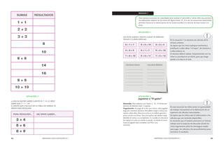 94 MENDOZA HACE MATEMÁTICA 1 MENDOZA HACE MATEMÁTICA 1 95 
SITUACIÓN 7: 
a) MELISA QUIERE SABER CUÁNTO ES 7 + 8, LE SIRVE 
SABER QUE 7 + 7 = 14? 
b) ANOTA QUÉ CÁLCULO DE LA TABLA DE DOBLES TE 
SIRVEN PARA RESOLVER: 
SEMANA 7 
Esta semana comienza con actividades para analizar lo aprendido y volver sobre las conclusio-nes 
elaboradas respecto de las sumas de dígitos hasta 18. A la vez, las situaciones presentadas 
permiten favorecer la memorización de las sumas sencillas y la relación de éstas sumas con 
otras. 
SITUACIÓN 1: 
LEE ESTAS SUMAS Y ANOTA CUÁLES TE PARECEN 
FÁCILES Y CUÁLES DIFÍCILES. 
SITUACIÓN 2: 
Juguemos a “El gatito” 
Materiales: Dos tableros (ver Anexo 2 - V), 15 fichas por 
alumno de distinto color, 2 tapitas. 
Organización: Se juega de a dos; por turno, cada jugador 
elige dos números distintos del tablero largo y coloca las 
tapitas sobre ellos. Busca la suma en el tablero grande y 
pone una de sus fichas. Saca las tapitas del tablero largo 
dándole el turno a su compañero. Si cuando se colocaron 
las tapitas la suma ya estaba ocupada, se pierde el turno. 
Gana el jugador que complete una fila o una 
columna. 
En la situación 1 se retoman los cálculos de la 
semana anterior. 
Se espera que los niños expliquen oralmente y 
justifiquen cuáles saben “al toque”, de memoria y 
cuáles todavía no. 
El docente deberá realizar conjuntamente con los 
niños la actividad en un afiche, para que luego 
quede a la vista en el aula. 
En esta situación los niños tienen la oportunidad 
de trabajar nuevamente en la elaboración de un 
repertorio de cálculos memorizados. 
Se espera que los niños usen el sobreconteo o los 
cálculos que van teniendo disponibles. 
Es necesario que el maestro promueva un intenso 
trabajo oral en espacios de discusión donde los 
niños argumenten sobre las estrategias usadas 
para jugar, los cálculos y los procedimientos para 
encontrar el resultado. 
 