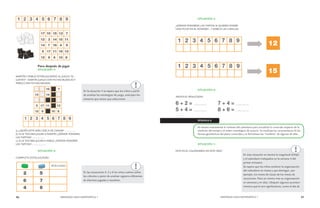 96 MENDOZA HACE MATEMÁTICA 1 MENDOZA HACE MATEMÁTICA 1 97 
Para después de jugar 
SITUACIÓN 3: 
MARTÍN Y PABLO ESTÁN JUGANDO AL JUEGO “EL 
GATITO”. MARTÍN JUEGA CON FICHAS BLANCAS Y 
PABLO CON FICHAS NEGRAS. 
a) ¿QUIÉN ESTÁ MÁS CERCA DE GANAR? …………… 
b) SI LE TOCARA JUGAR A MARTÍN ¿DÓNDE PONDRÍA 
LAS TAPITAS? …………….. 
c) SI LE TOCARA JUGAR A PABLO ¿DÓNDE PONDRÍA 
LAS TAPITAS?................... 
SITUACIÓN 4: 
COMPLETA ESTAS JUGADAS 
En la situación 3 se espera que los niños a partir 
de analizar las estrategias de juego, anticipen los 
números que tienen que seleccionar. 
En las situaciones 4, 5 y 6 los niños vuelven sobre 
los cálculos a partir de analizar registros diferentes 
de distintas jugadas y resuelven. 
SITUACIÓN 5: 
¿DÓNDE PONDRÍAS LAS TAPITAS SI QUIERES PONER 
UNA FICHA EN EL NÚMERO…? MARCA LAS CASILLAS. 
SITUACIÓN 6: 
ANOTA EL RESULTADO 
SEMANA 8 
Se retoma nuevamente el contexto del calendario para actualizar lo conocido respecto de la 
medición del tiempo y el orden cronológico de sucesos. Se reutilizan las características de las 
formas geométricas del plano conocidas y se formalizan los “nombres” de algunas de ellas. 
SITUACIÓN 1: 
ESTE ES EL CALENDARIO DE ESTE AÑO: 
En esta situación se retoma la magnitud tiempo 
y el calendario trabajados en la semana 4 del 
primer trimestre. 
Se espera que los niños analicen la organización 
del calendario en meses y que distingan, por 
ejemplo, los meses de clases de los meses de 
vacaciones. Para un mismo mes su organización 
en semanas y en días. Ubiquen algunos aconteci-mientos 
que le son significativos, como el día de 
 