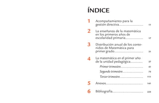 Acompañamiento para la 
gestión directiva......................... 
La enseñanza de la matemática en los primeros años de 
escolaridad primaria.................. 
Distribución anual de los contenidos de Matemática para 
primer grado.............................. 
La matemática en el primer año de la unidad pedagógica............. 
Primer trimestre......................... 
Segundo trimestre....................... 
Tercer trimestre.......................... 
Anexos...................................... 
Bibliografía................................ 
ÍNDICE 
1 
2 
3 
4 
5 
6 
11 
17 
31 
37 
41 
75 
111 
141 
225  