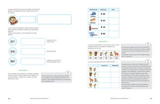 122 MENDOZA HACE MATEMÁTICA 1 MENDOZA HACE MATEMÁTICA 1 123 
d) PABLO PAGÓ CON UN BILLETE PERO DISTINTO DE 
BRUNO Y LE DIERON VUELTO. DIBUJA SU BILLETE Y 
EL VUELTO. 
e) LOS CHICOS PENSARON CÓMO PODÍAN HACER 
PARA JUNTAR EL DINERO Y PAGAR LOS SIGUIENTES 
PRECIOS. 
DIBUJA LOS BILLETES Y LAS MONEDAS DE CADA 
PRECIO. 
SITUACIÓN 2: 
EN LA TIENDA DEL ZOOLÓGICO VENDEN COMIDAS 
Y OTRAS COSAS. HOY LOS ARTÍCULOS TIENEN $12 
DE DESCUENTO. COMPLETA LA TABLA CON LOS 
PRECIOS DE HOY. 
En esta situación los niños pueden representar 
con los billetes cada cantidad y tachar $12. En 
todos los casos deberán descubrir la conveniencia 
de usar billetes de $2. 
En este caso se espera que los niños piensen los 
números en enteros en decenas más las unidades 
y recurran a las sumas en decenas enteras para 
sumar. 
Por ejemplo, para sumar 62+20, pueden pensar 
60 y 2 y sumar 20. 
Se espera que en todas las actividades de esta 
semana el maestro promueva la diversidad de pro-cedimientos 
de resolución. Animar a los alumnos 
a elaborar su propia solución, puede ser fuente de 
progreso, de aprendizaje, a partir de las confron-taciones 
que se pueden organizar entre ellos. 
La verbalización de los niños, el debate, la justi-ficación 
y validación (volver sobre los datos del 
problema a partir del resultado) de modo de 
favorecer la internalización de las estrategias de 
suma y resta. 
Para toda esta semana el material de billetes y 
monedas de $ 1 deben estar disponibles para 
quien lo requiera. 
SITUACIÓN 3: 
EL GUÍA DE ZOOLÓGICO LES CONTÓ A LOS CHICOS 
CUÁNTOS KILOS DE ALIMENTO COMEN LOS 
ANIMALES EN UN DÍA. 
a) ¿QUÉ CANTIDAD DE KILOS COMEN ENTRE.….? 
 