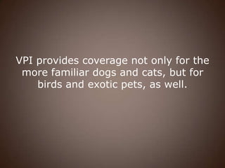 VPI provides coverage not only for the
 more familiar dogs and cats, but for
    birds and exotic pets, as well.
 