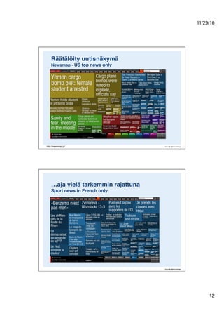 11/29/10
12
Räätälöity uutisnäkymä 
Newsmap - US top news only!
http://newsmap.jp/
…aja vielä tarkemmin rajattuna 
Sport news in French only!
 