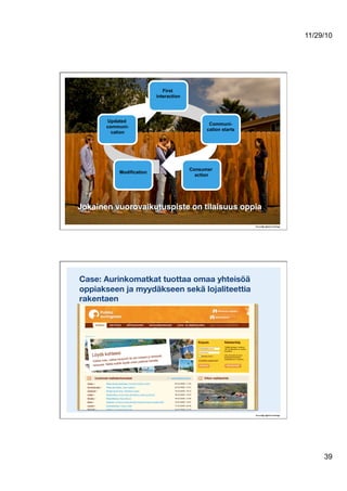11/29/10
39
First
interaction
Communi-
cation starts
Consumer
action
Modification
Updated
communi-
cation
Jokainen vuorovaikutuspiste on tilaisuus oppia!
Case: Aurinkomatkat tuottaa omaa yhteisöä
oppiakseen ja myydäkseen sekä lojaliteettia
rakentaen
 