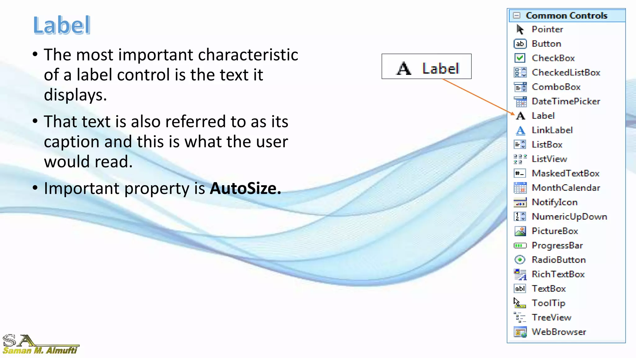 • The most important characteristic
of a label control is the text it
displays.
• That text is also referred to as its
caption and this is what the user
would read.
• Important property is AutoSize.
 