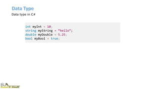 Data type in C#
int myInt = 10;
string myString = “hello”;
double myDouble = 5.25;
bool myBool = true;
 