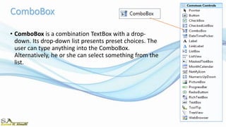 • ComboBox is a combination TextBox with a drop-
down. Its drop-down list presents preset choices. The
user can type anything into the ComboBox.
Alternatively, he or she can select something from the
list.
 