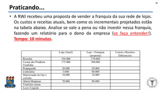 Felipe Pontes
www.contabilidademq.blogspot.com
Praticando...
• A RWJ recebeu uma proposta de vender a franquia da sua rede de lojas.
Os custos e receitas atuais, bem como os incrementais projetados estão
na tabela abaixo. Analise se vale a pena ou não investir nessa franquia,
fazendo um relatório para o dono da empresa (se faça entender!).
Tempo: 10 minutos.
16
 