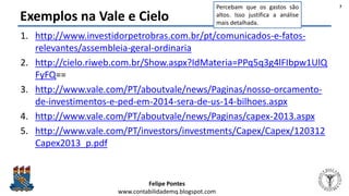 Felipe Pontes
www.contabilidademq.blogspot.com
Exemplos na Vale e Cielo
1. http://www.investidorpetrobras.com.br/pt/comunicados-e-fatos-
relevantes/assembleia-geral-ordinaria
2. http://cielo.riweb.com.br/Show.aspx?IdMateria=PPq5q3g4lFIbpw1UlQ
FyFQ==
3. http://www.vale.com/PT/aboutvale/news/Paginas/nosso-orcamento-
de-investimentos-e-ped-em-2014-sera-de-us-14-bilhoes.aspx
4. http://www.vale.com/PT/aboutvale/news/Paginas/capex-2013.aspx
5. http://www.vale.com/PT/investors/investments/Capex/Capex/120312
Capex2013_p.pdf
7Percebam que os gastos são
altos. Isso justifica a análise
mais detalhada.
 