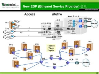 New ESP (Ethernet Service Provider) 출현 MTU Metro 2.5Gbps (POS) GSR GES 동선 FLC STM-4 (2.5G) Edge Router (7500) ADM DSC (D/MUX) FLC DSC (D/MUX) ADM CSU OC3 OC3/ OC12 Internet MTU STU CO( 수용국 ) POP( 주노드국 ) 수용국 수용국 ADM ADM LAN C LAN A LAN B SONET/SDH T1 T1 CSU LAN D T1 T1 CO CO CO POP Internet GSR MTU MTU MTU GbE GbE Access MTU CO Telseon Yipes Cogent MTU MTU MTU GbE MTU 