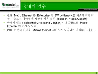 국내의 경우 원래  Metro Ethernet 은  Enterprise 의  BW bottleneck 을 해소해주기 위한 기술로서 미국에서 시장에 처음 출현  (Telseon, Yipes, Cogent) 국내에서는  Residential Broadband Solution 과 게임방으로  Metro Ethernet 이 먼저 도입됨 . 2003 년부터 기업용  Metro Ethernet  서비스가 도입되기 시작하고 있음 . 