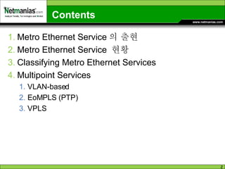 Contents Metro Ethernet Service 의 출현 Metro Ethernet Service  현황 Classifying Metro Ethernet Services Multipoint Services VLAN-based EoMPLS (PTP) VPLS 