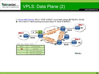 PE2 PE1 Eth20 Eth10 Site 1 Site 2 PE3 Eth30 Site 3 vc label 102 vc label 103 vc label 201 vc label 301 vc label 302 vc label 203 p1 p2 p3 p4 p5 p6 PE4 IP M2 M1 1.1  Source MAC learning : PE2 는 도착한 프레임의  source MAC address 를 학습하여  SA=M2 를  VPLS 1000 의  FIB(Forwarding Information Base) 의  Eth20 에 등록한다 . FIB for VPLS 1000 VPLS: Data Plane (2) CE2 CE1 CE3 Interface MAC P2/vc-lsp302 P1/vc-lsp102 Eth20 M2 M2 M1 M3 