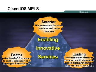 454545© 2004 Cisco Systems, Inc. All rights reserved.
Faster
A flexible QoS framework
to enable migration to a
converged infrastructure
FasterFaster
A flexible QoS frameworkA flexible QoS framework
to enable migration to ato enable migration to a
converged infrastructureconverged infrastructure
Lasting
Extensibility to different
transports with standards-
based open architecture
for investment protection
LastingLasting
Extensibility to differentExtensibility to different
transports with standardstransports with standards--
based open architecturebased open architecture
for investment protectionfor investment protection
Smarter
The foundation for more
services and more
revenues
SmarterSmarter
The foundation for moreThe foundation for more
services and moreservices and more
revenuesrevenues
Cisco IOS MPLS
454545
Enabling
Innovative
Services
Enabling
Innovative
Services
 