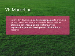 ?involved in developing marketing campaigns to promote a product, service or idea. It is a varied role that includes planning, advertising, public relations, event organisation, product development, distribution,and research. 
VP Marketing  