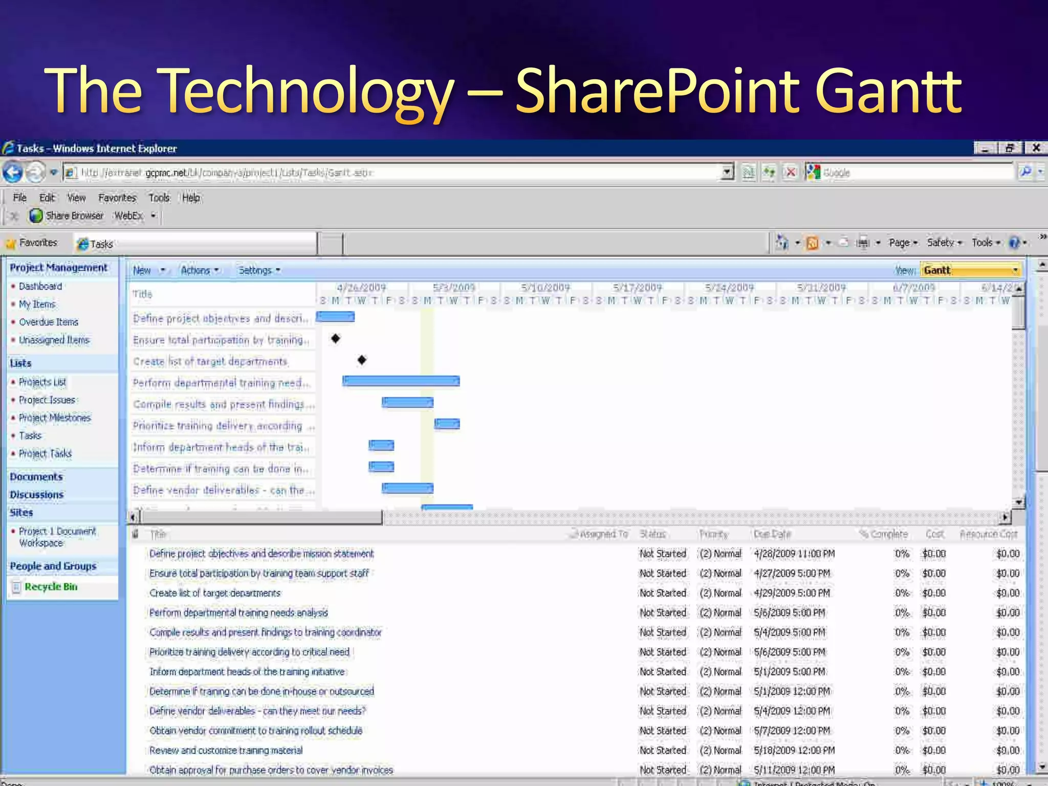 SharePoint Web Access                         MS Office




                       SharePoint Services 2007
                                  (V3.0)




            Archival                         MS Project 2007
                                                  (Managed by PM)




SharePoint Outlook
MS Office &
   Project
Access: Project Managers, Managers, Sponsors, SME’s and Business Owners
Access: Project Managers, Managers, Sponsors, SME’s and Business Owners
                Managers
Application: MS Interneton PM ClientCompatible Web Browser
Application: MS Internet Explorer or Compatible Web Browser
                Project Explorer or Computer
 