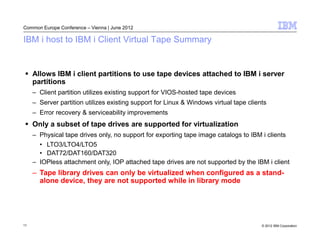 Common Europe Conference – Vienna | June 2012

IBM i host to IBM i Client Virtual Tape Summary


     Allows IBM i client partitions to use tape devices attached to IBM i server
     partitions
     – Client partition utilizes existing support for VIOS-hosted tape devices
     – Server partition utilizes existing support for Linux & Windows virtual tape clients
     – Error recovery & serviceability improvements
     Only a subset of tape drives are supported for virtualization
     – Physical tape drives only, no support for exporting tape image catalogs to IBM i clients
       • LTO3/LTO4/LTO5
       • DAT72/DAT160/DAT320
     – IOPless attachment only, IOP attached tape drives are not supported by the IBM i client
     – Tape library drives can only be virtualized when configured as a stand-
       alone device, they are not supported while in library mode




11                                                                                      © 2012 IBM Corporation
 