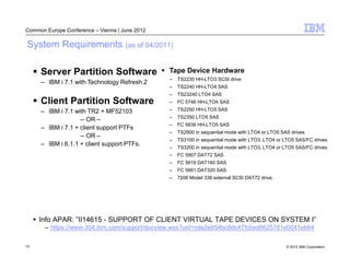 Common Europe Conference – Vienna | June 2012

System Requirements (as of 04/2011)

     Server Partition Software                  Tape Device Hardware
                                                –   TS2230 HH-LTO3 SCSI drive
     – IBM i 7.1 with Technology Refresh 2
                                                –   TS2240 HH-LTO4 SAS
                                                –   TS23240 LTO4 SAS
     Client Partition Software                  –   FC 5746 HH-LTO4 SAS
     – IBM i 7.1 with TR2 + MF52103             –   TS2250 HH-LTO5 SAS
                                                –   TS2350 LTO5 SAS
                   -- OR –
                                                –   FC 5638 HH-LTO5 SAS
     – IBM i 7.1 + client support PTFs
                                                –   TS2900 in sequential mode with LTO4 or LTO5 SAS drives
                   -- OR –
                                                –   TS3100 in sequential mode with LTO3, LTO4 or LTO5 SAS/FC drives
     – IBM i 6.1.1 + client support PTFs.
                                                –   TS3200 in sequential mode with LTO3, LTO4 or LTO5 SAS/FC drives
                                                –   FC 5907 DAT72 SAS
                                                –   FC 5619 DAT160 SAS
                                                –   FC 5661 DAT320 SAS
                                                –   7206 Model 336 external SCSI DAT72 drive.




     Info APAR: ”II14615 - SUPPORT OF CLIENT VIRTUAL TAPE DEVICES ON SYSTEM I”
       – https://www-304.ibm.com/support/docview.wss?uid=nas2e654bc8dc47fcbed8625781e0041eb64

12                                                                                                © 2012 IBM Corporation
 