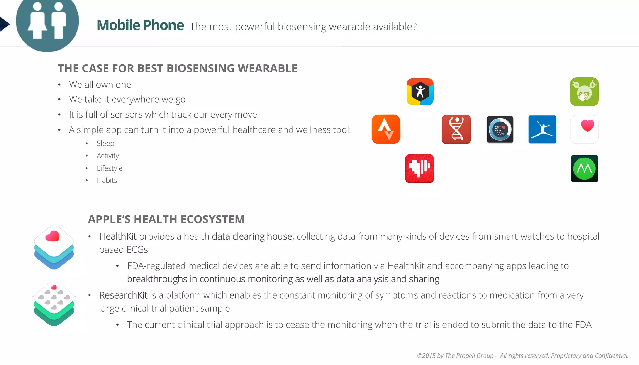 ©2015 by The Propell Group - All rights reserved. Proprietary and Conﬁdential.
APPLE’S HEALTH ECOSYSTEM
•  HealthKit provides a health data clearing house, collecting data from many kinds of devices from smart-watches to hospital
based ECGs
•  FDA-regulated medical devices are able to send information via HealthKit and accompanying apps leading to
breakthroughs in continuous monitoring as well as data analysis and sharing
•  ResearchKit is a platform which enables the constant monitoring of symptoms and reactions to medication from a very
large clinical trial patient sample
•  The current clinical trial approach is to cease the monitoring when the trial is ended to submit the data to the FDA
THE CASE FOR BEST BIOSENSING WEARABLE
•  We all own one
•  We take it everywhere we go
•  It is full of sensors which track our every move
•  A simple app can turn it into a powerful healthcare and wellness tool:
•  Sleep
•  Activity
•  Lifestyle
•  Habits
Mobile Phone The most powerful biosensing wearable available?
 