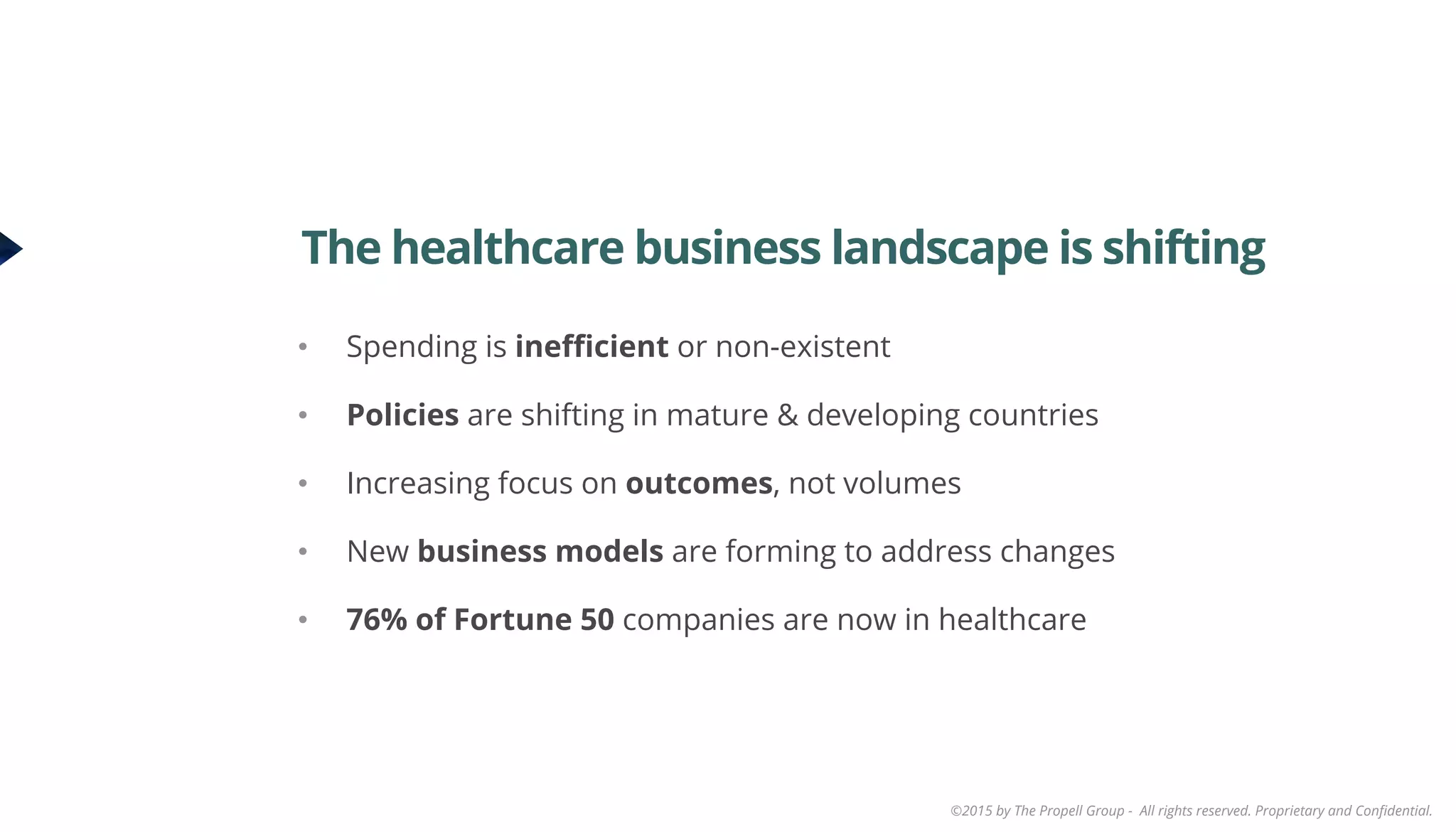 ©2015 by The Propell Group - All rights reserved. Proprietary and Conﬁdential.
•  Spending is ineﬃcient or non-existent
•  Policies are shifting in mature & developing countries
•  Increasing focus on outcomes, not volumes
•  New business models are forming to address changes
•  76% of Fortune 50 companies are now in healthcare
The healthcare business landscape is shifting
 