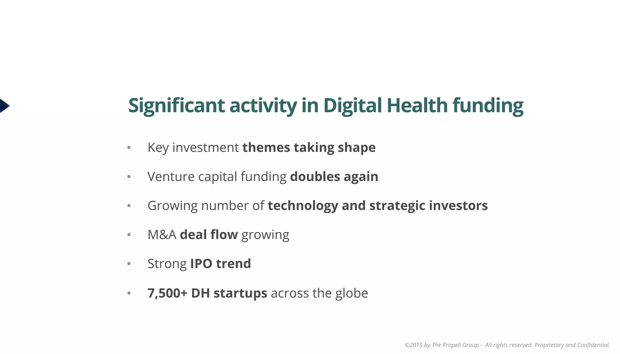 ©2015 by The Propell Group - All rights reserved. Proprietary and Conﬁdential.
•  Key investment themes taking shape
•  Venture capital funding doubles again
•  Growing number of technology and strategic investors
•  M&A deal ﬂow growing
•  Strong IPO trend
•  7,500+ DH startups across the globe
Signiﬁcant activity in Digital Health funding
 