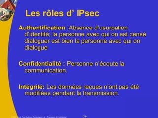 Authentification  :Absence d’usurpation d’identité; la personne avec qui on est censé dialoguer est bien la personne avec qui on dialogue Confidentialité :  Personne n’écoute la communication. Intégrité:  Les données reçues n’ont pas été modifiées pendant la transmission.  Les rôles d’ IPsec 