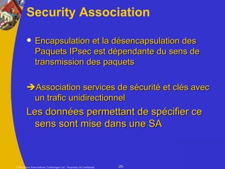 Security Association Encapsulation et la désencapsulation des Paquets IPsec est dépendante du sens de transmission des paquets   Association services de sécurité et clés avec un trafic unidirectionnel Les données permettant de spécifier ce sens sont mise dans une SA 