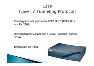 Convergence des protocoles PPTP et L2F(RFC2341)
=> Rfc 2661.
Développement collaboratif : Cisco, Microsoft, Ascend,
3Com,…
Intégration de IPSec
 