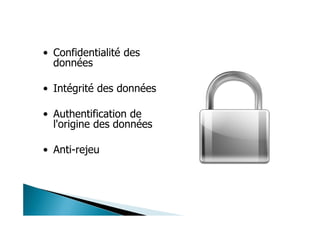 • Confidentialité des
données
• Intégrité des données
• Authentification de
l'origine des données
• Anti-rejeu
 