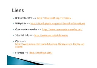 RFC protocoles => http://tools.ietf.org/rfc/index
Wikipédia =>http://fr.wikipedia.org/wiki/Portail:Informatique
Commentcamarche => http://www.commentcamarche.net/
Sécurité info => http://www.securiteinfo.com/
Cisco =>
http://www.cisco.com/web/EA/cisco_library/cisco_library_on
e.html
Frameip => http://frameip.com/
 