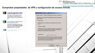 Crear una conexión de sitio remoto VPN
Comprobar propiedades de VPN y configuración de acceso remoto