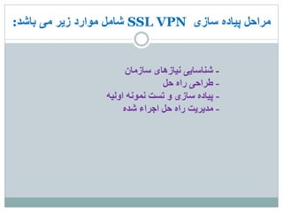 ‫سازی‬ ‫پیاده‬ ‫مراحل‬SSL VPN‫می‬ ‫زیر‬ ‫موارد‬ ‫شامل‬‫باشد‬:
-‫سازمان‬ ‫نیازهای‬ ‫شناسایی‬
-‫حل‬ ‫راه‬ ‫طراحی‬
-‫اولیه‬ ‫نمونه‬ ‫تست‬ ‫و‬ ‫سازی‬ ‫پیاده‬
-‫شده‬ ‫اجراء‬ ‫حل‬ ‫راه‬ ‫مدیریت‬
 