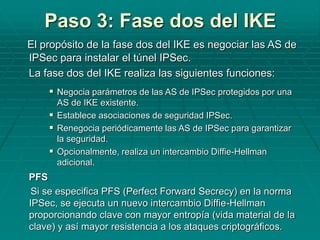 Paso 3: Fase dos del IKE
El propósito de la fase dos del IKE es negociar las AS de
IPSec para instalar el túnel IPSec.
La fase dos del IKE realiza las siguientes funciones:
 Negocia parámetros de las AS de IPSec protegidos por una
AS de IKE existente.
 Establece asociaciones de seguridad IPSec.
 Renegocia periódicamente las AS de IPSec para garantizar
la seguridad.
 Opcionalmente, realiza un intercambio Diffie-Hellman
adicional.
PFS
Si se especifica PFS (Perfect Forward Secrecy) en la norma
IPSec, se ejecuta un nuevo intercambio Diffie-Hellman
proporcionando clave con mayor entropía (vida material de la
clave) y así mayor resistencia a los ataques criptográficos.
 