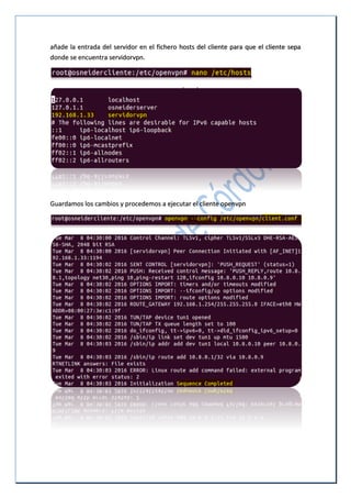 añade la entrada del servidor en el fichero hosts del cliente para que el cliente sepa
donde se encuentra servidorvpn.
Guardamos los cambios y procedemos a ejecutar el cliente openvpn
 